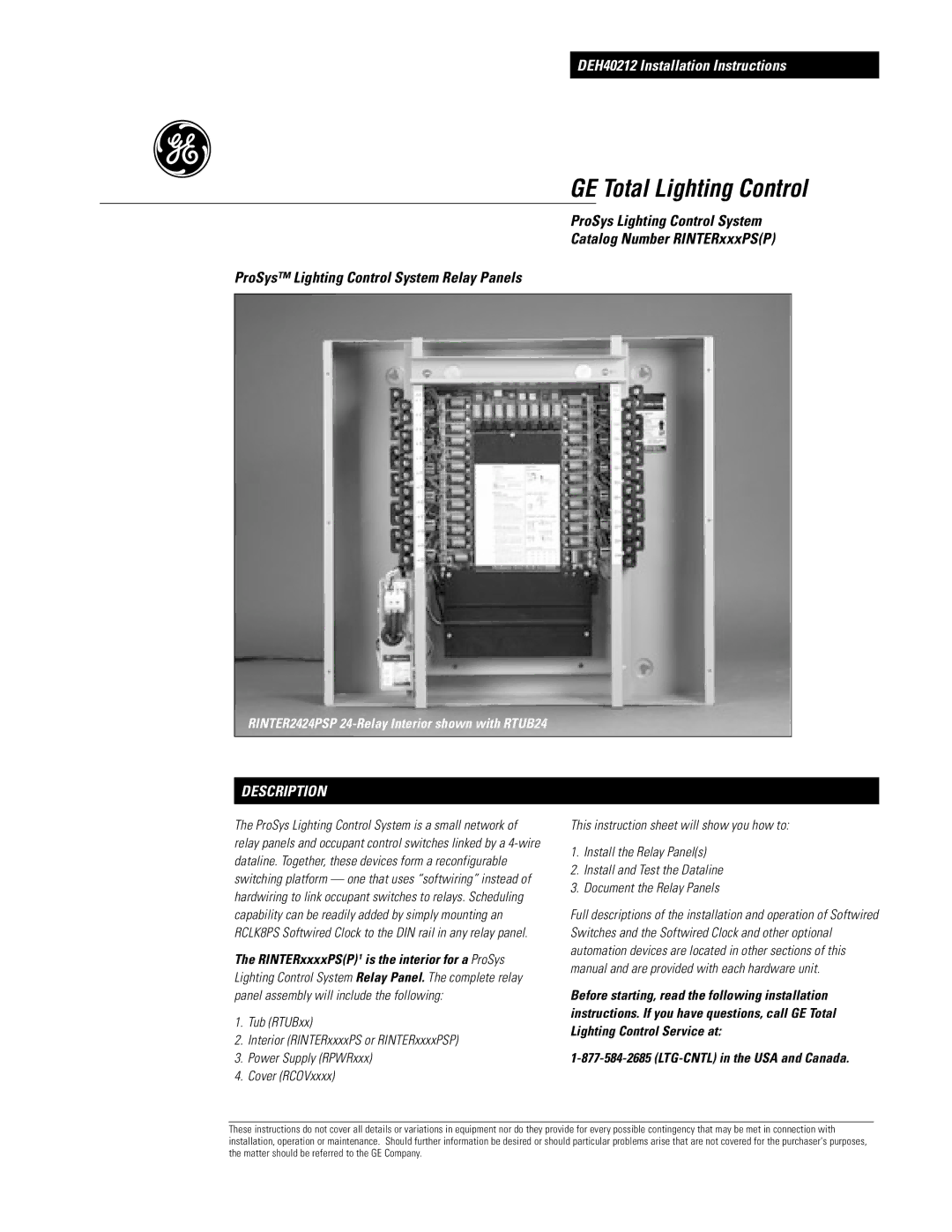 GE RINTERxxxPS(P) installation instructions Description, LTG-CNTL in the USA and Canada 