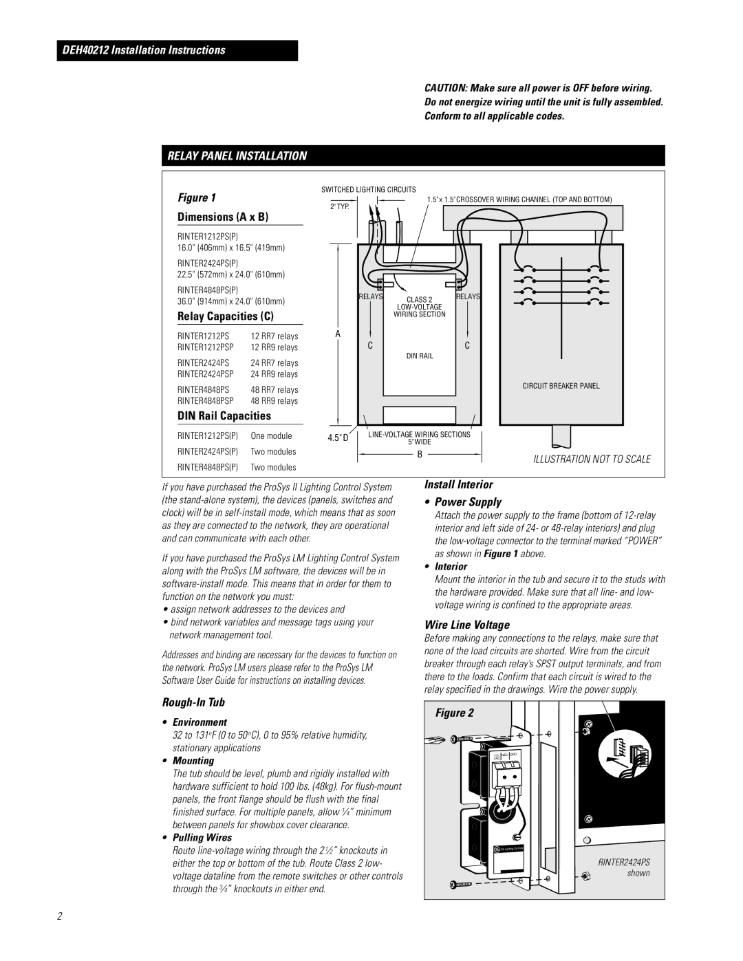 GE RINTERxxxPS(P) Relay Panel Installation, Install Interior, Power Supply, Wire Line Voltage, Rough-In Tub 