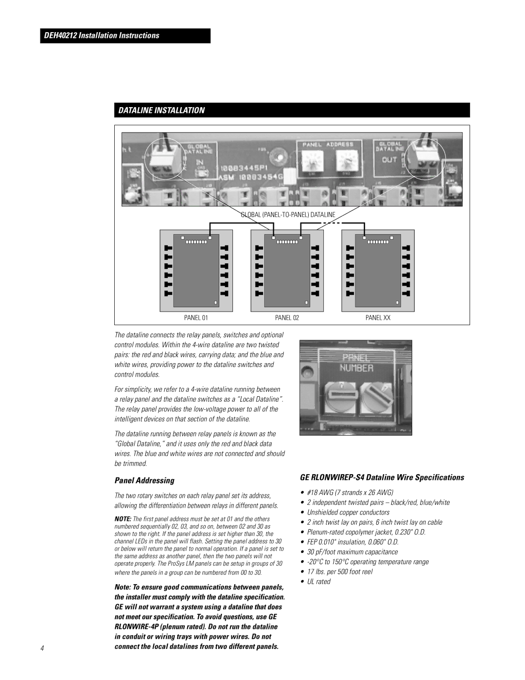 GE RINTERxxxPS(P) Dataline Installation, Panel Addressing, GE RLONWIREP-S4 Dataline Wire Specifications 