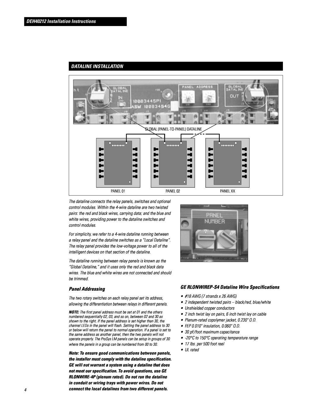 GE RINTERxxxPS(P) installation instructions Dataline Installation, DEH40212 Installation Instructions, Panel Addressing 
