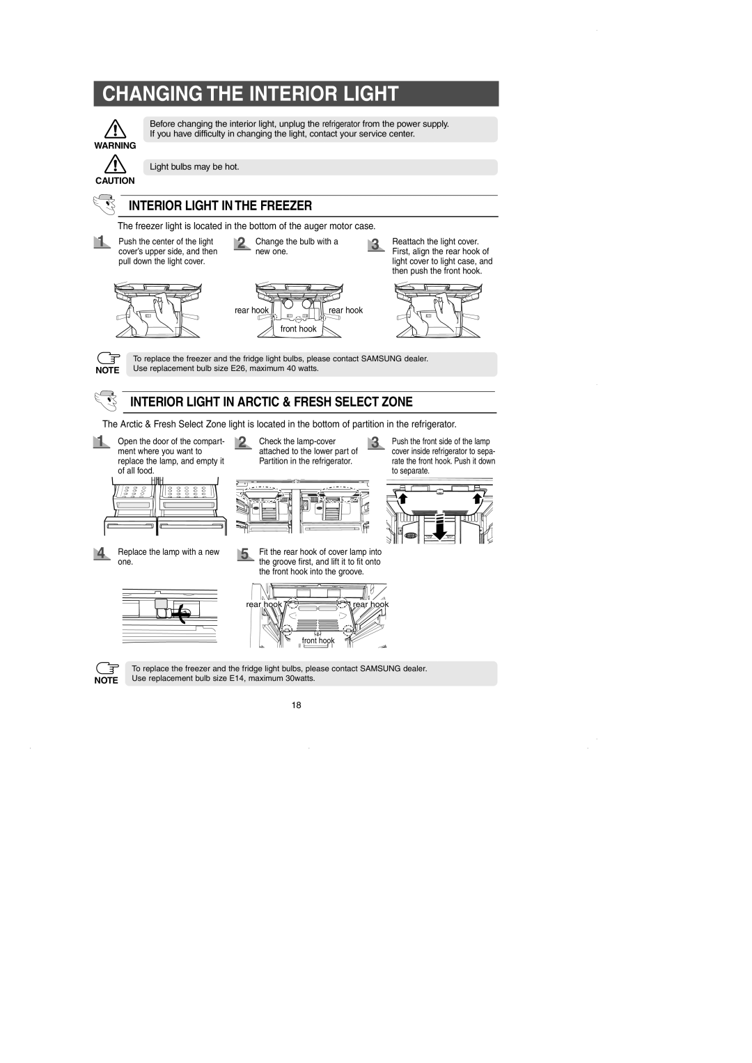 GE RM25 owner manual Rear hook rear hook Front hook, Replace the lamp with a new one 