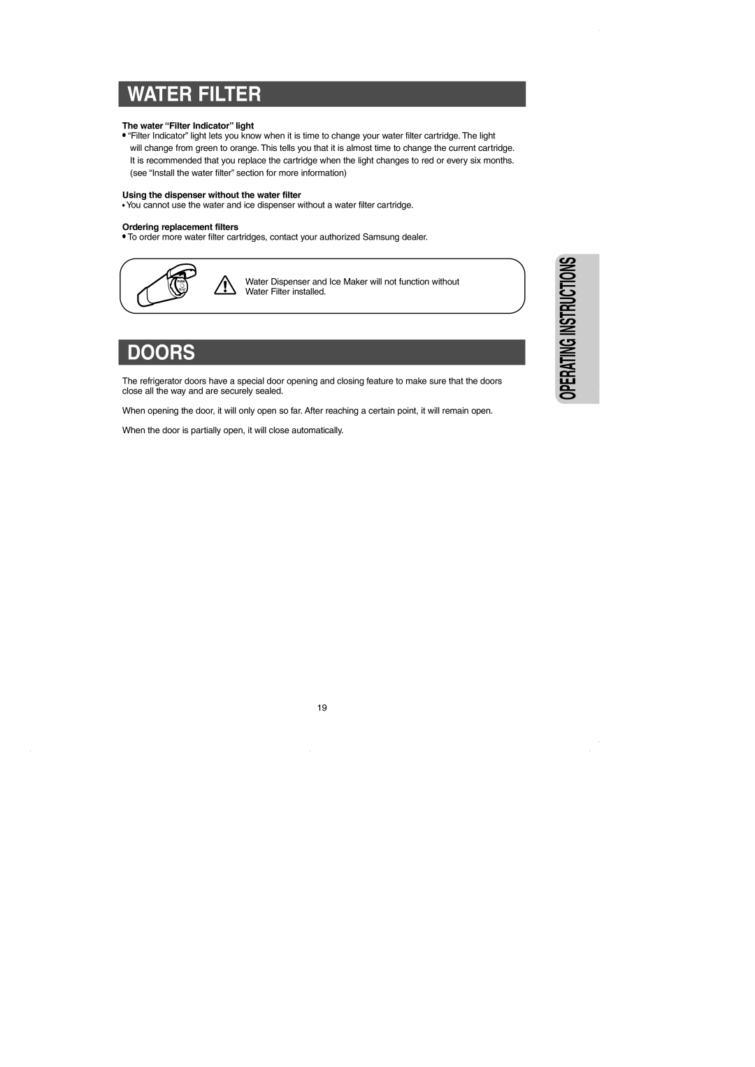 GE RM25 owner manual Doors, Water Filter Indicator light, Using the dispenser without the water filter 