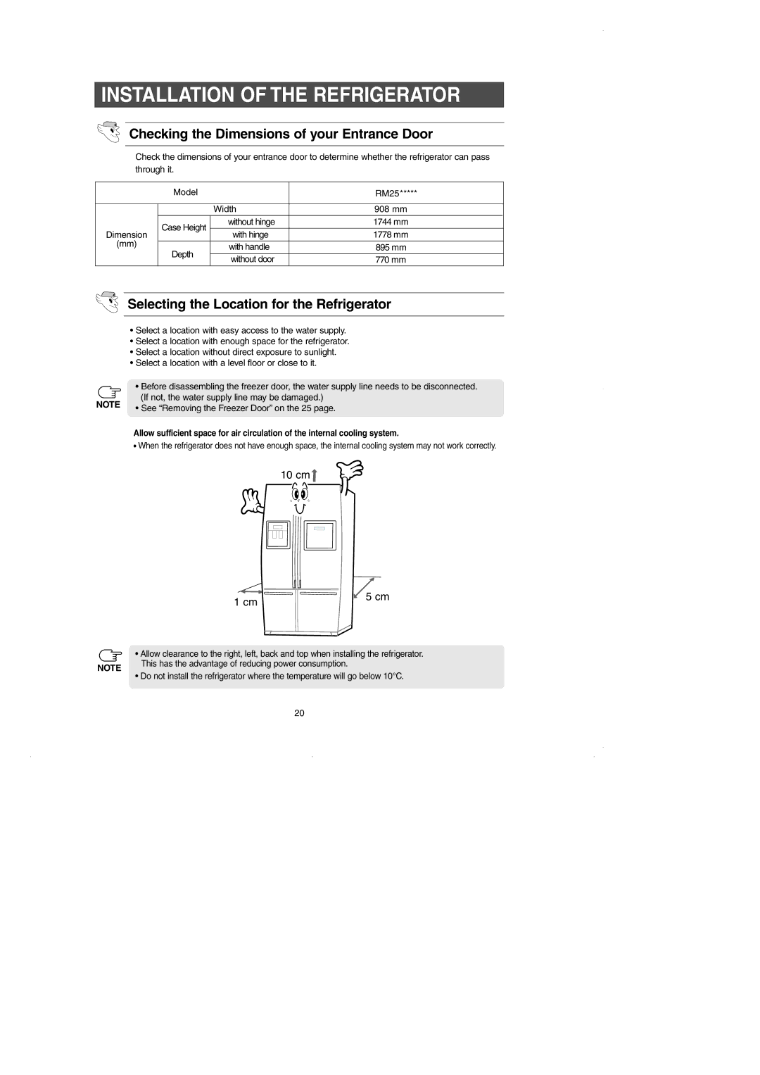 GE RM25 owner manual Installation of the Refrigerator, Checking the Dimensions of your Entrance Door 