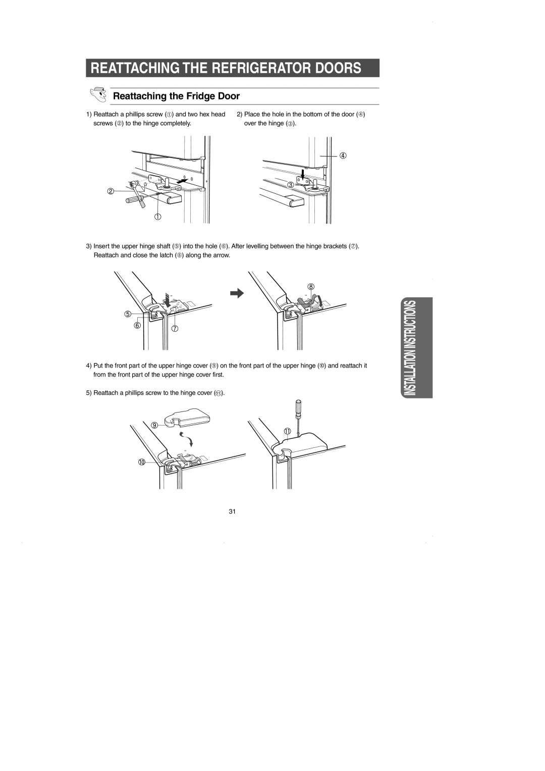 GE RM25 owner manual Reattaching the Refrigerator Doors, Reattaching the Fridge Door 