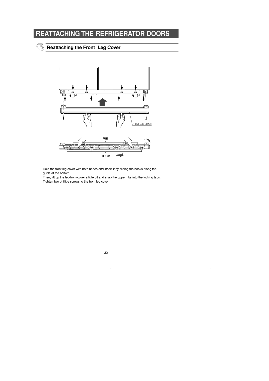 GE RM25 owner manual Reattaching the Front Leg Cover 