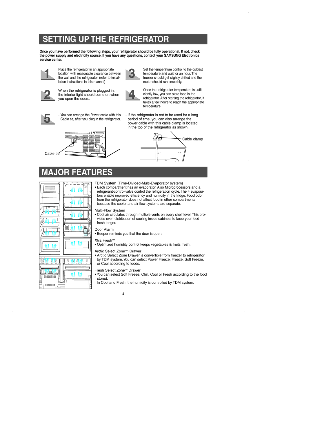 GE RM25 owner manual Setting UP the Refrigerator, Major Features, TDM System Time-Divided-Multi-Evaporator system 