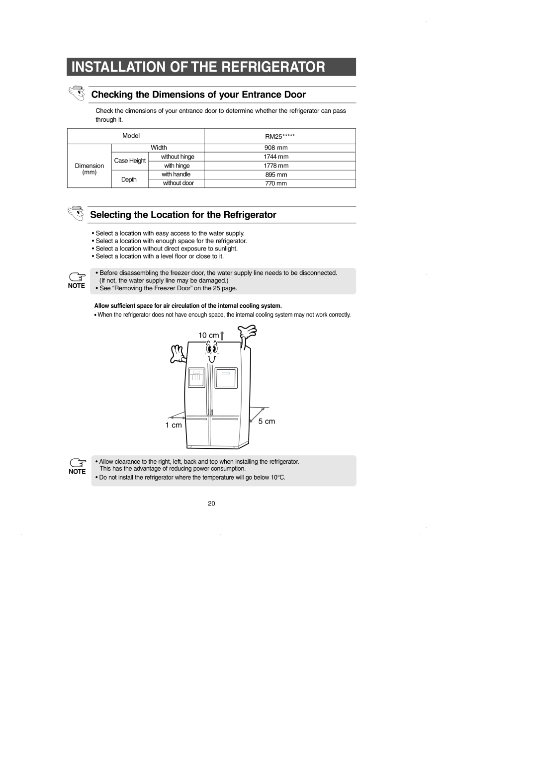 GE RM25 owner manual Installation Of The Refrigerator, Checking the Dimensions of your Entrance Door, 10 cm, 1 cm, 5 cm 