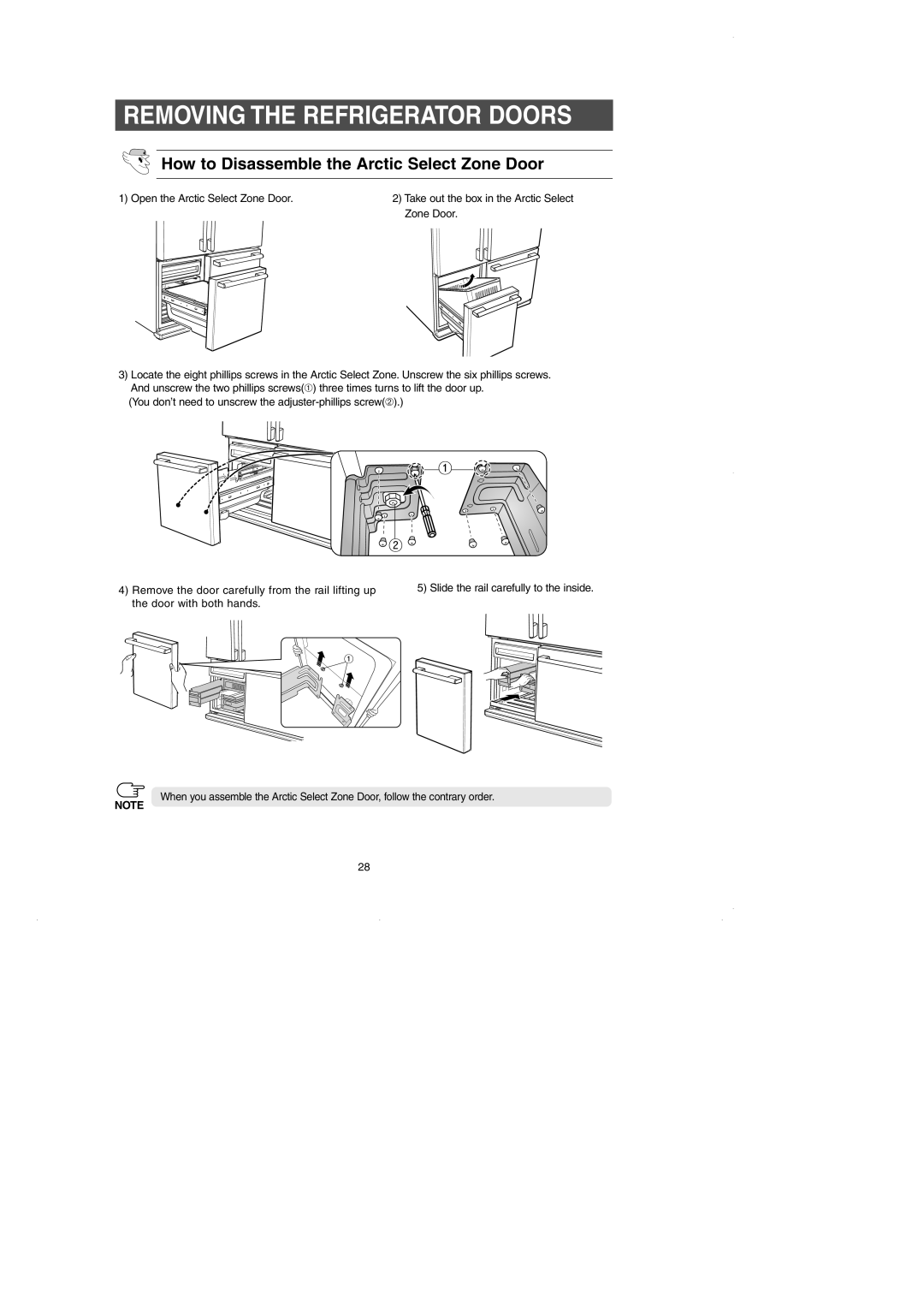 GE RM25 owner manual How to Disassemble the Arctic Select Zone Door, Removing The Refrigerator Doors 