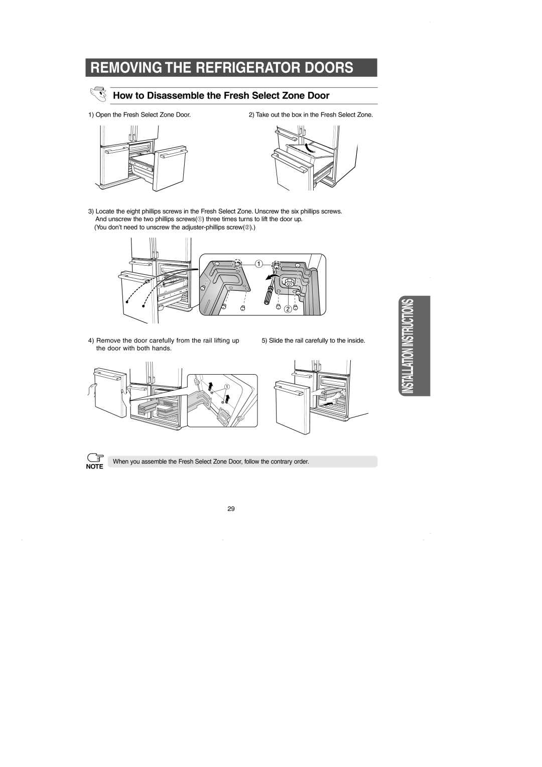 GE RM25 How to Disassemble the Fresh Select Zone Door, Removing The Refrigerator Doors, Installation Instructions 