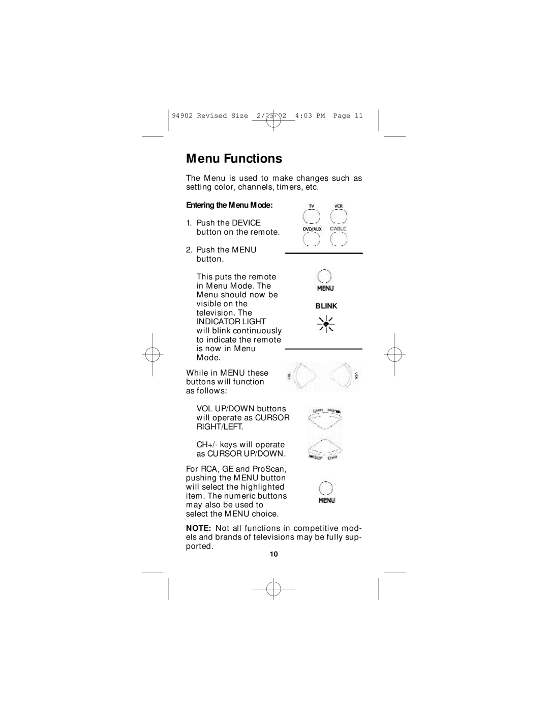 GE RM91902 instruction manual Menu Functions, Entering the Menu Mode 