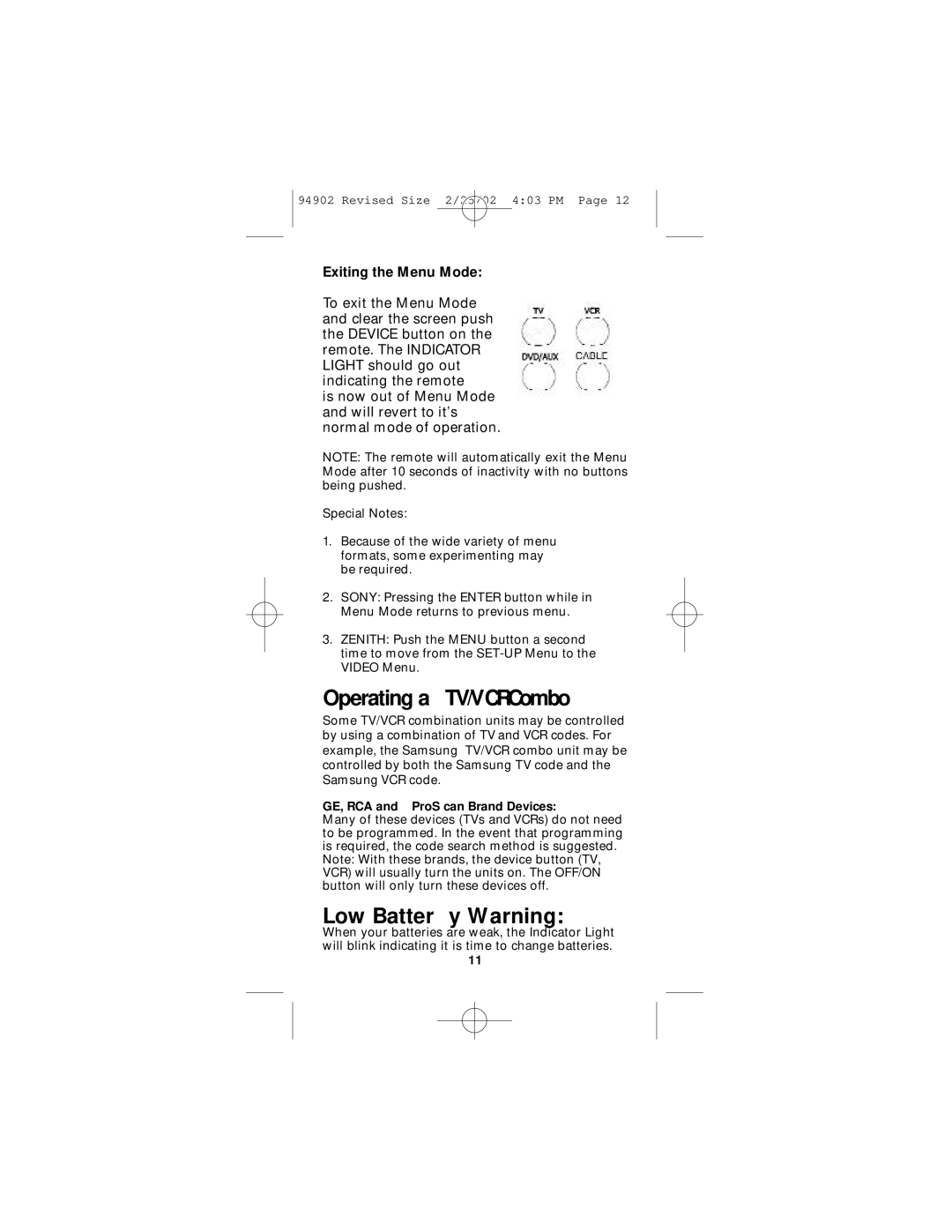 GE RM91902 instruction manual Operating a TV/VCRCombo, Low Batter y Warning 