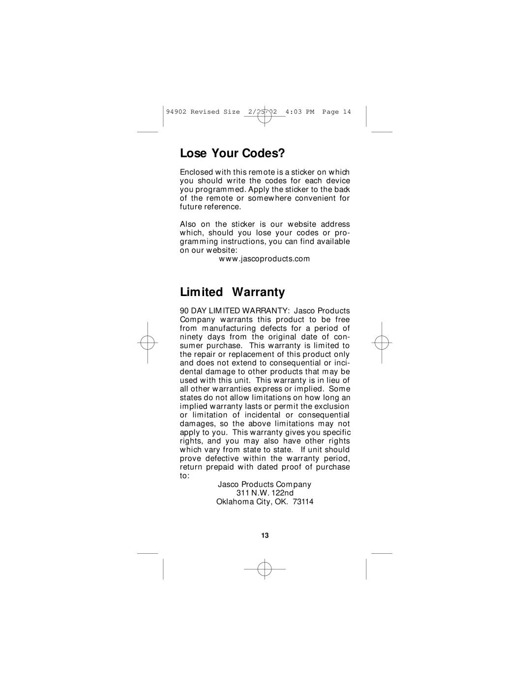 GE RM91902 instruction manual Lose Your Codes?, Limited Warranty 