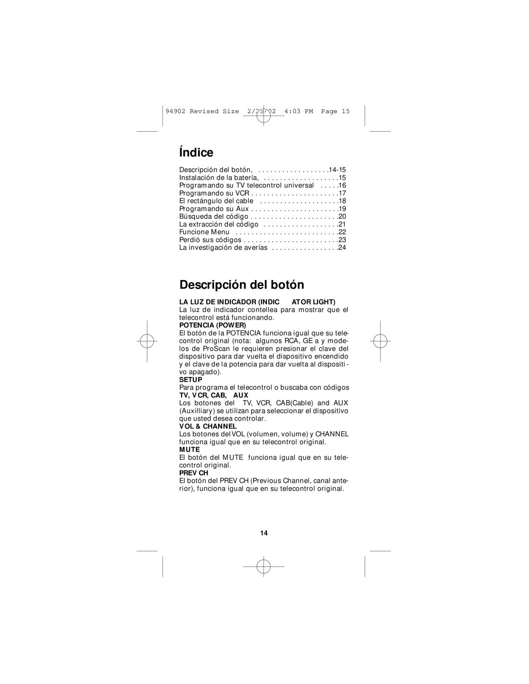 GE RM91902 instruction manual Índice, Descripción del botón 