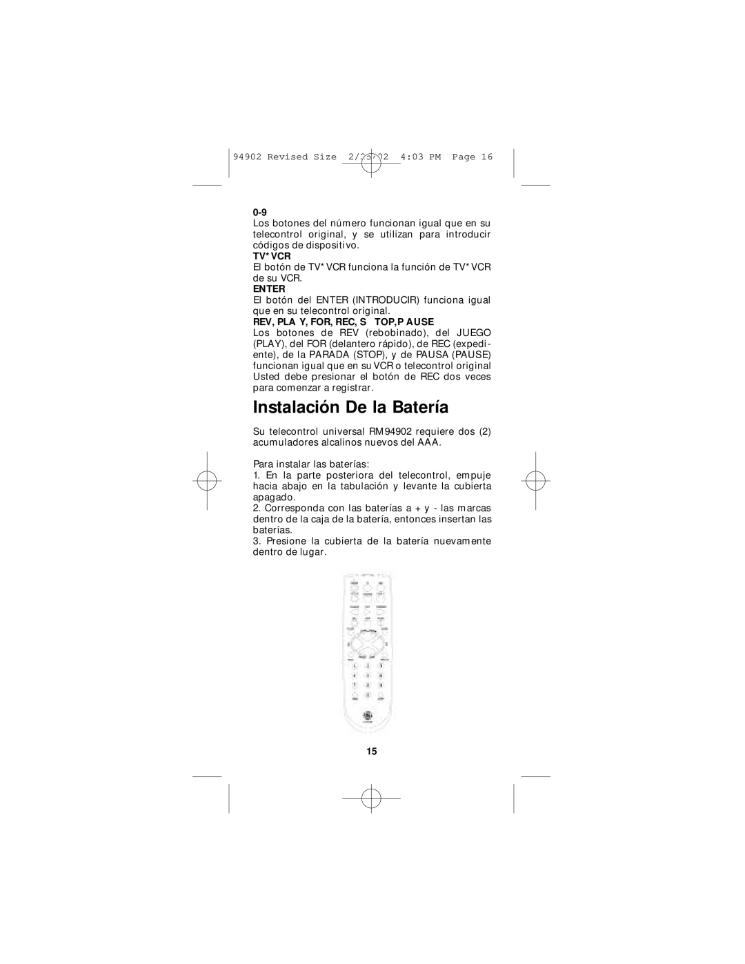 GE RM91902 instruction manual Instalación De la Batería, REV, PLA Y, FOR, REC, S TOP,P Ause 