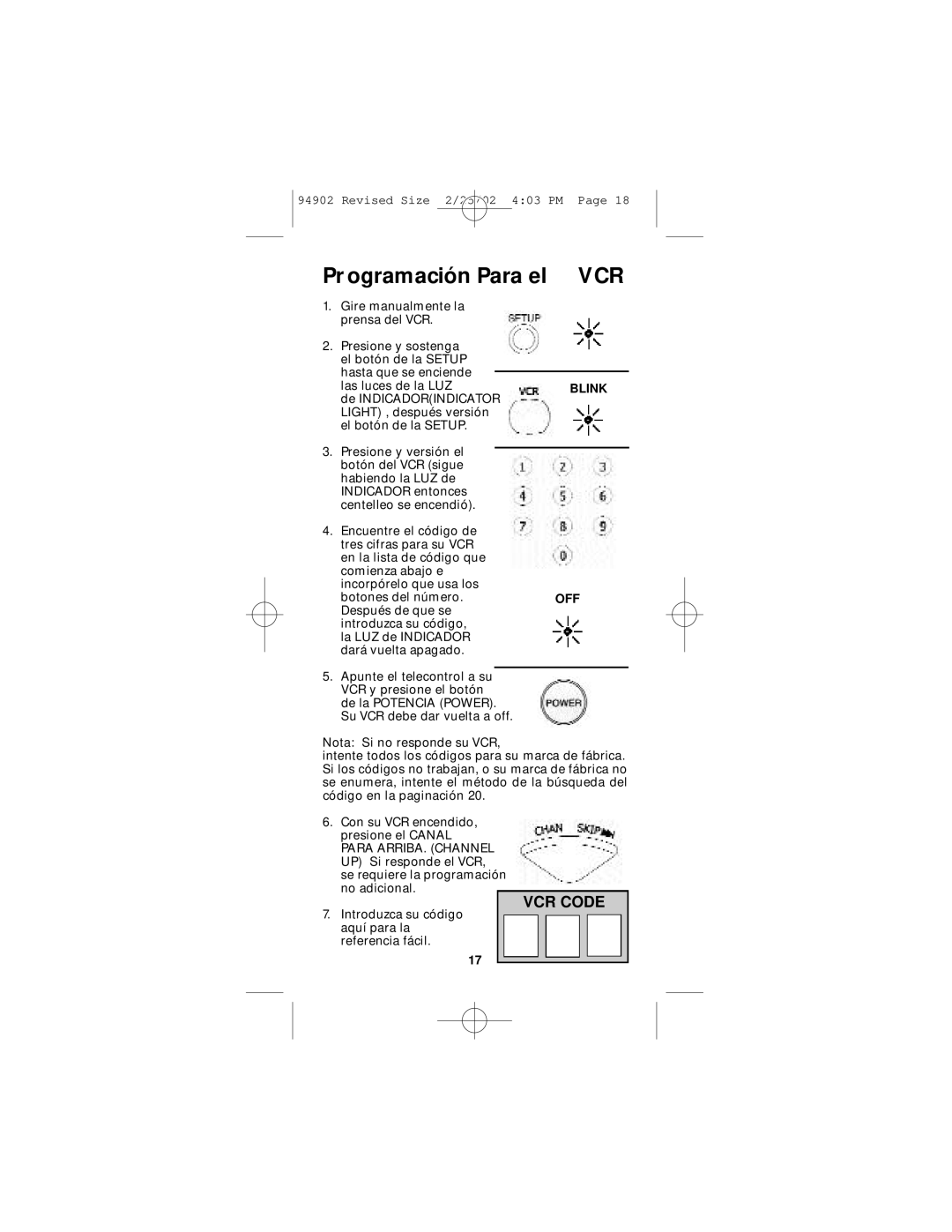 GE RM91902 instruction manual Pr ogramación Para el VCR 