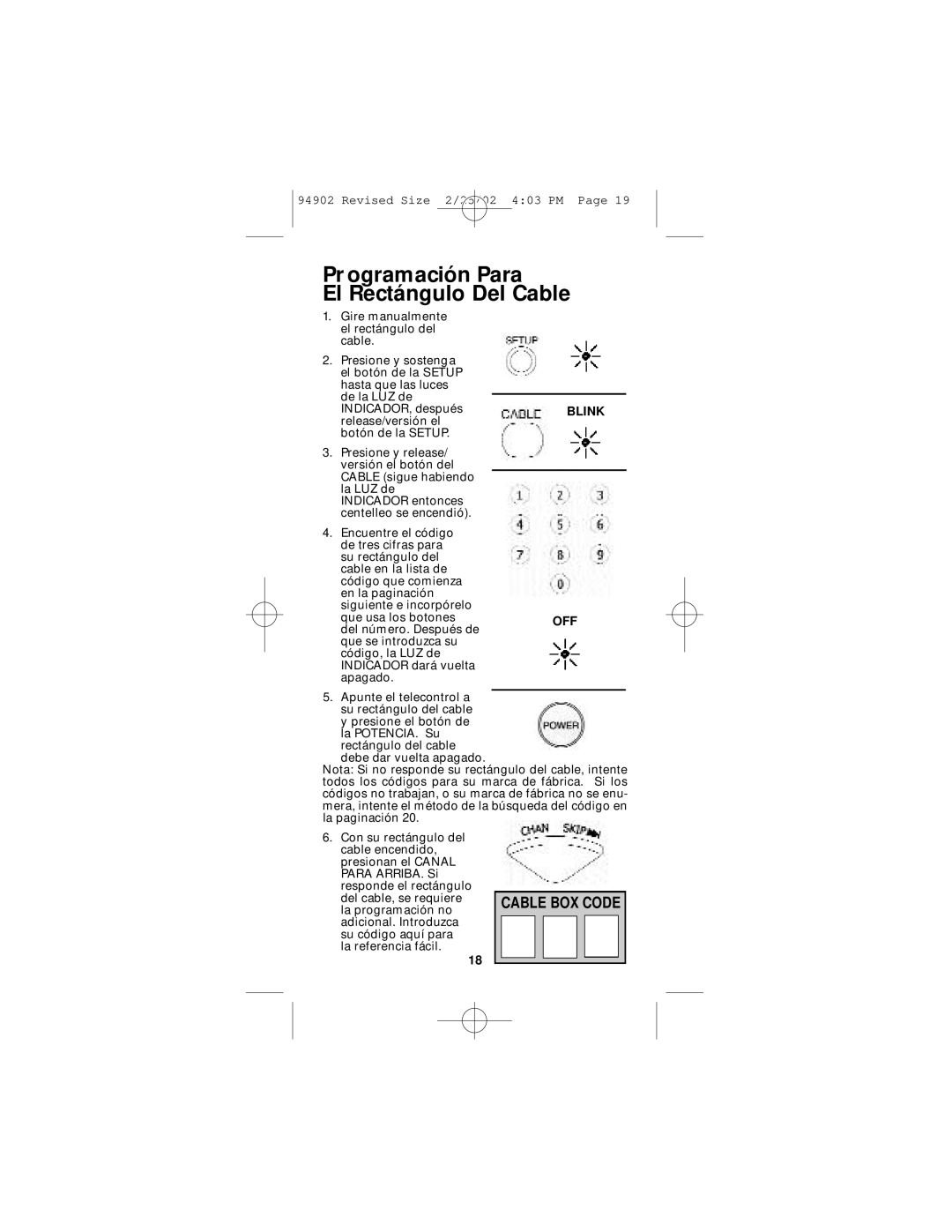 GE RM91902 instruction manual Pr ogramación Para El Rectángulo Del Cable, Cable BOX Code 