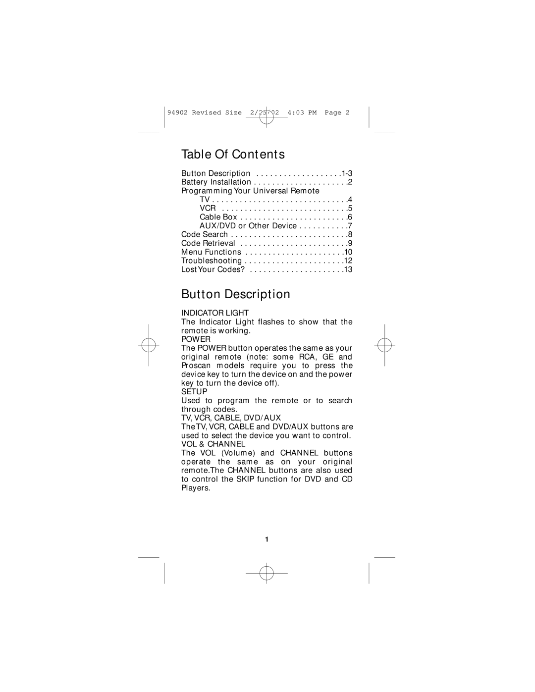 GE RM91902 instruction manual Table Of Contents, Button Description 