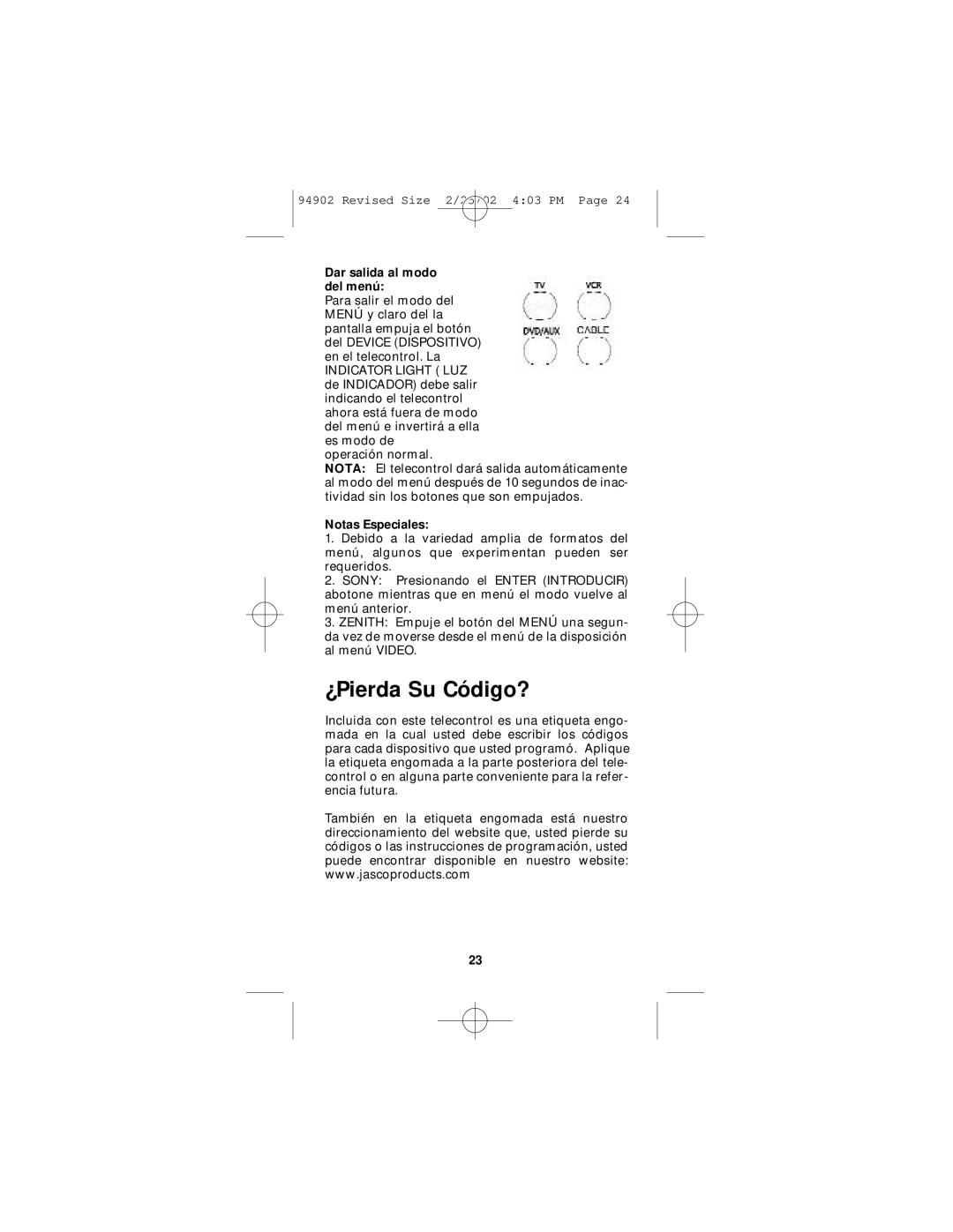 GE RM91902 instruction manual ¿Pierda Su Código?, Dar salida al modo del menú 