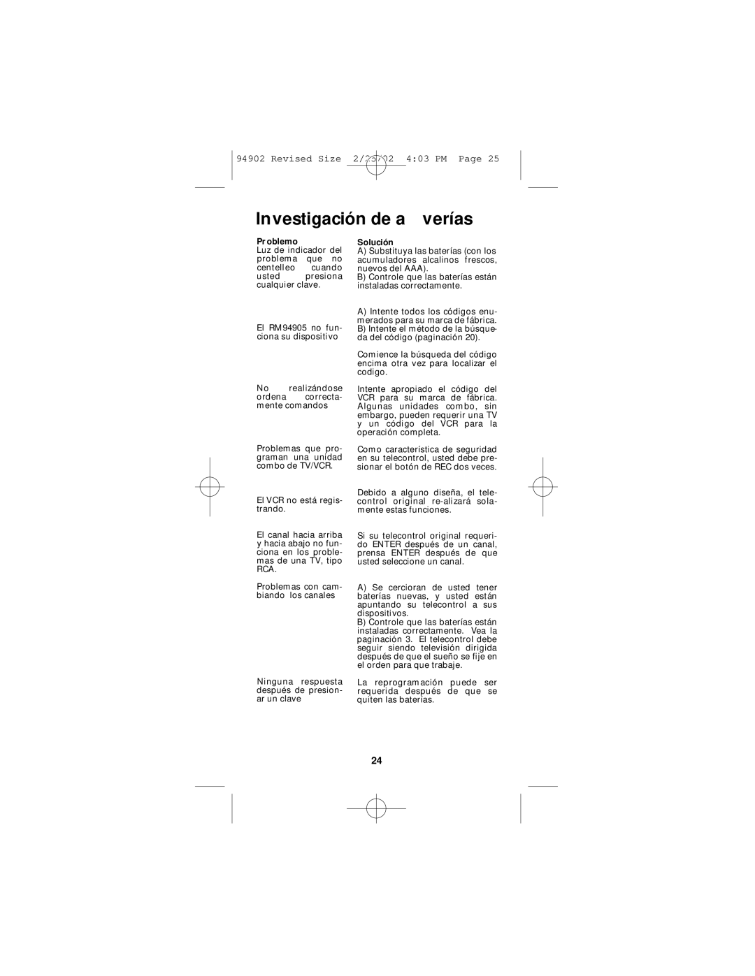 GE RM91902 instruction manual Investigación de a verías, Pr oblemo 