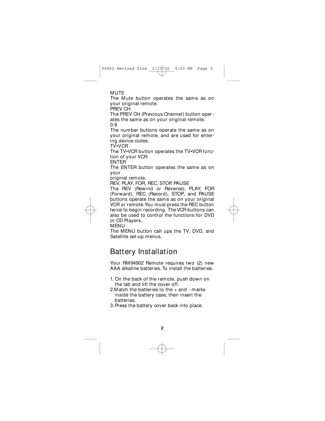 GE RM91902 instruction manual Battery Installation, Prev CH 