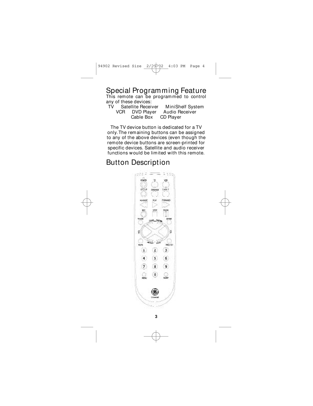 GE RM91902 instruction manual Special Programming Feature 