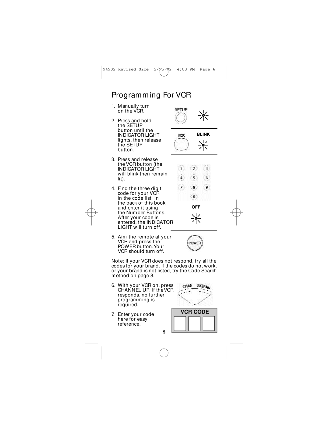 GE RM91902 instruction manual Programming For VCR 