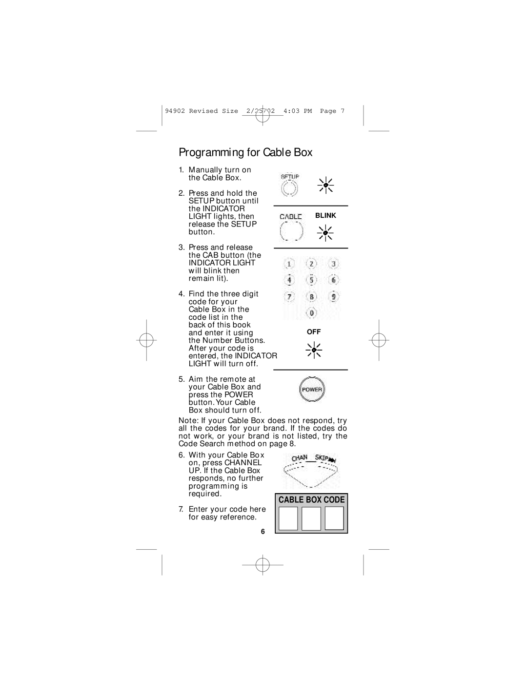 GE RM91902 instruction manual Programming for Cable Box 