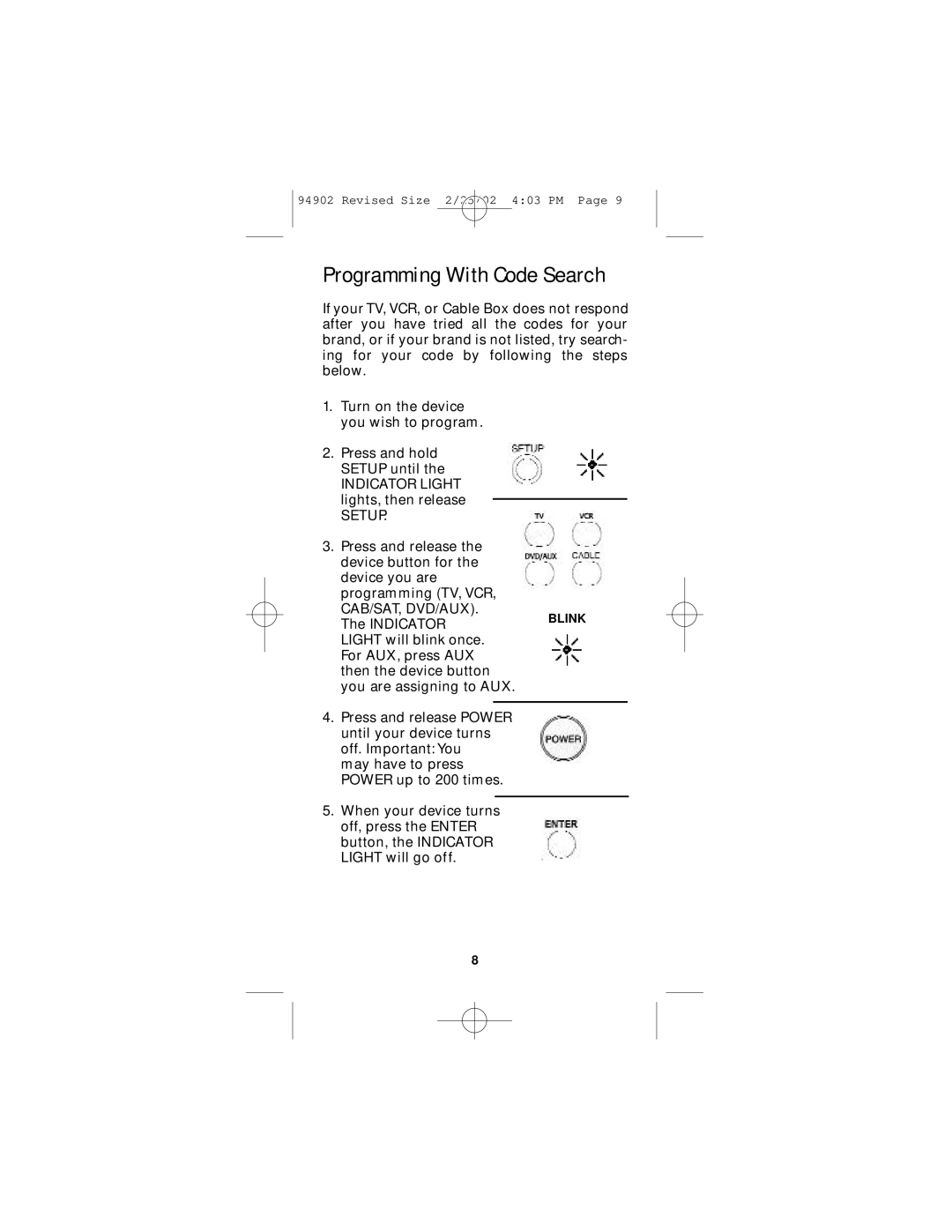 GE RM91902 instruction manual Programming With Code Search, Setup 