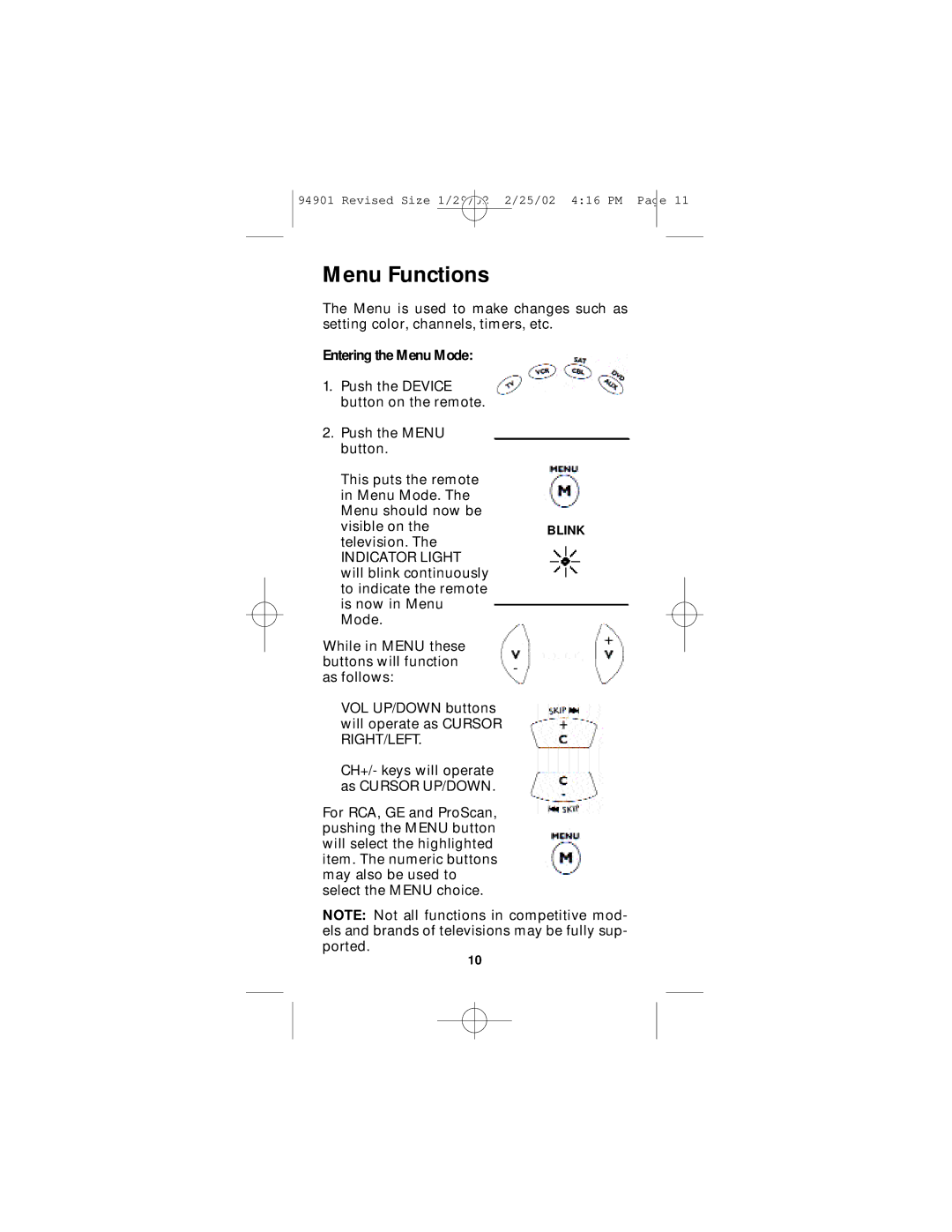 GE RM94901 instruction manual Menu Functions, Entering the Menu Mode 