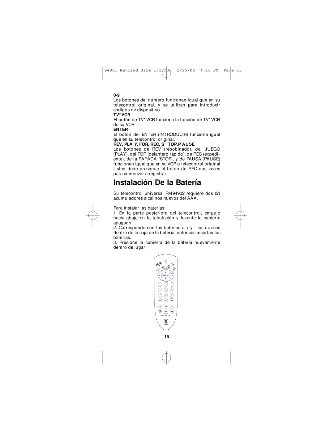 GE RM94901 instruction manual Instalación De la Batería, REV, PLA Y, FOR, REC, S TOP,P Ause 