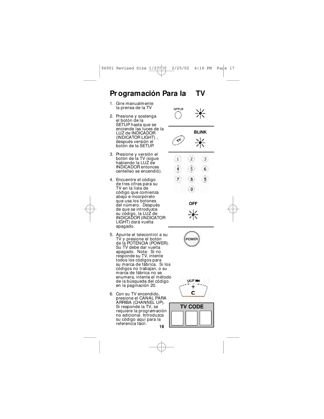 GE RM94901 instruction manual Pr ogramación Para la TV 