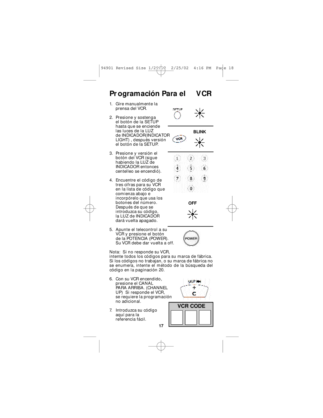 GE RM94901 instruction manual Pr ogramación Para el VCR 