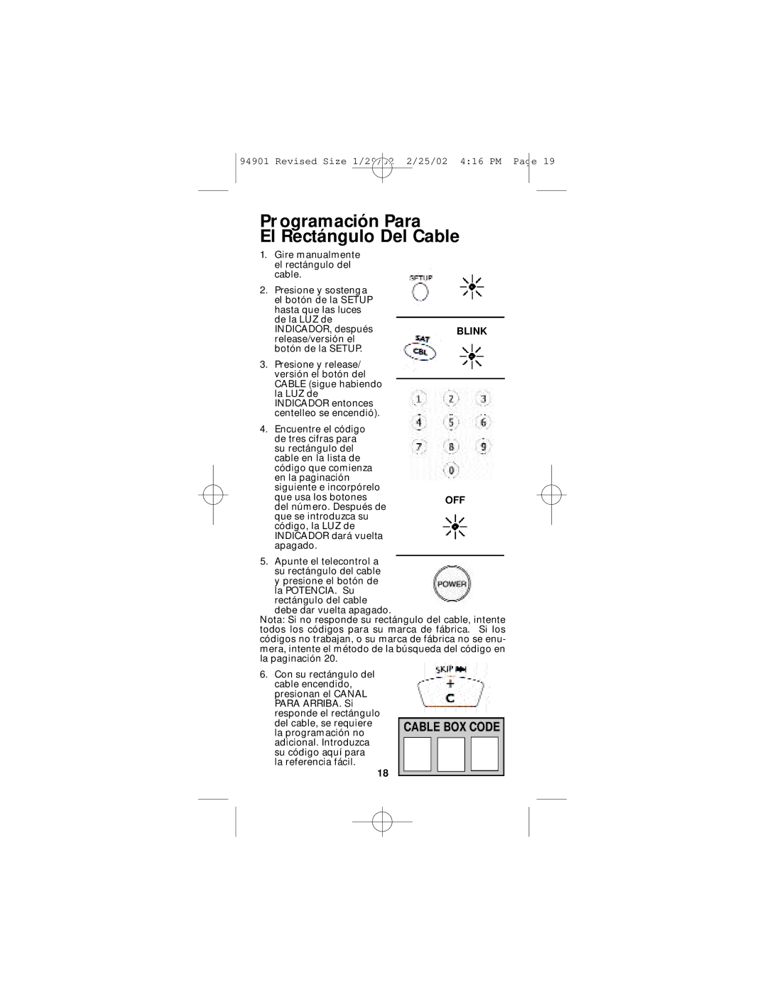 GE RM94901 instruction manual Pr ogramación Para El Rectángulo Del Cable, Cable BOX Code 