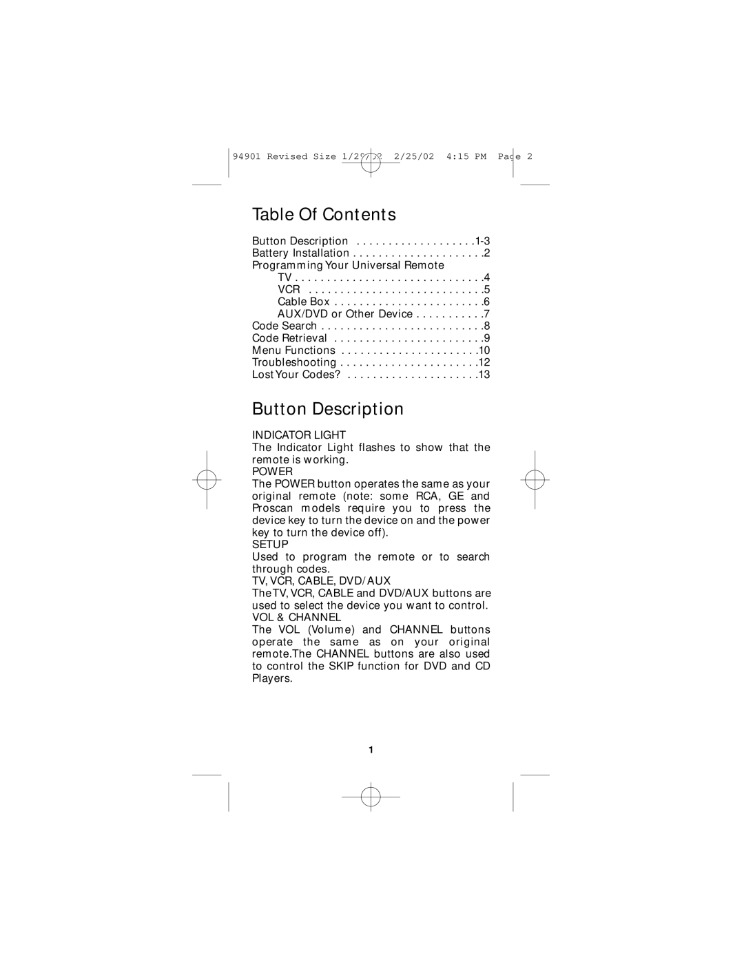 GE RM94901 instruction manual Table Of Contents, Button Description 