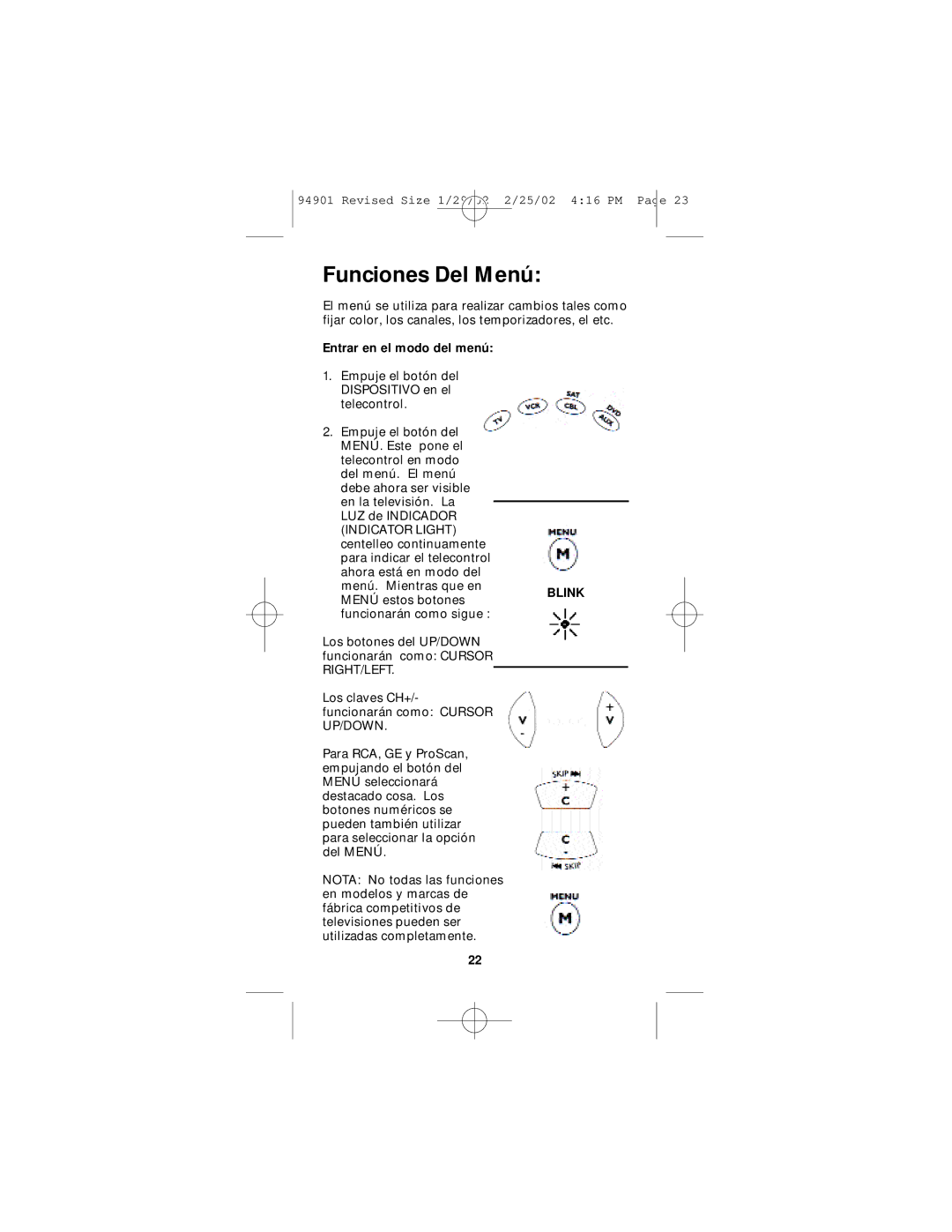 GE RM94901 instruction manual Funciones Del Menú, Entrar en el modo del menú 