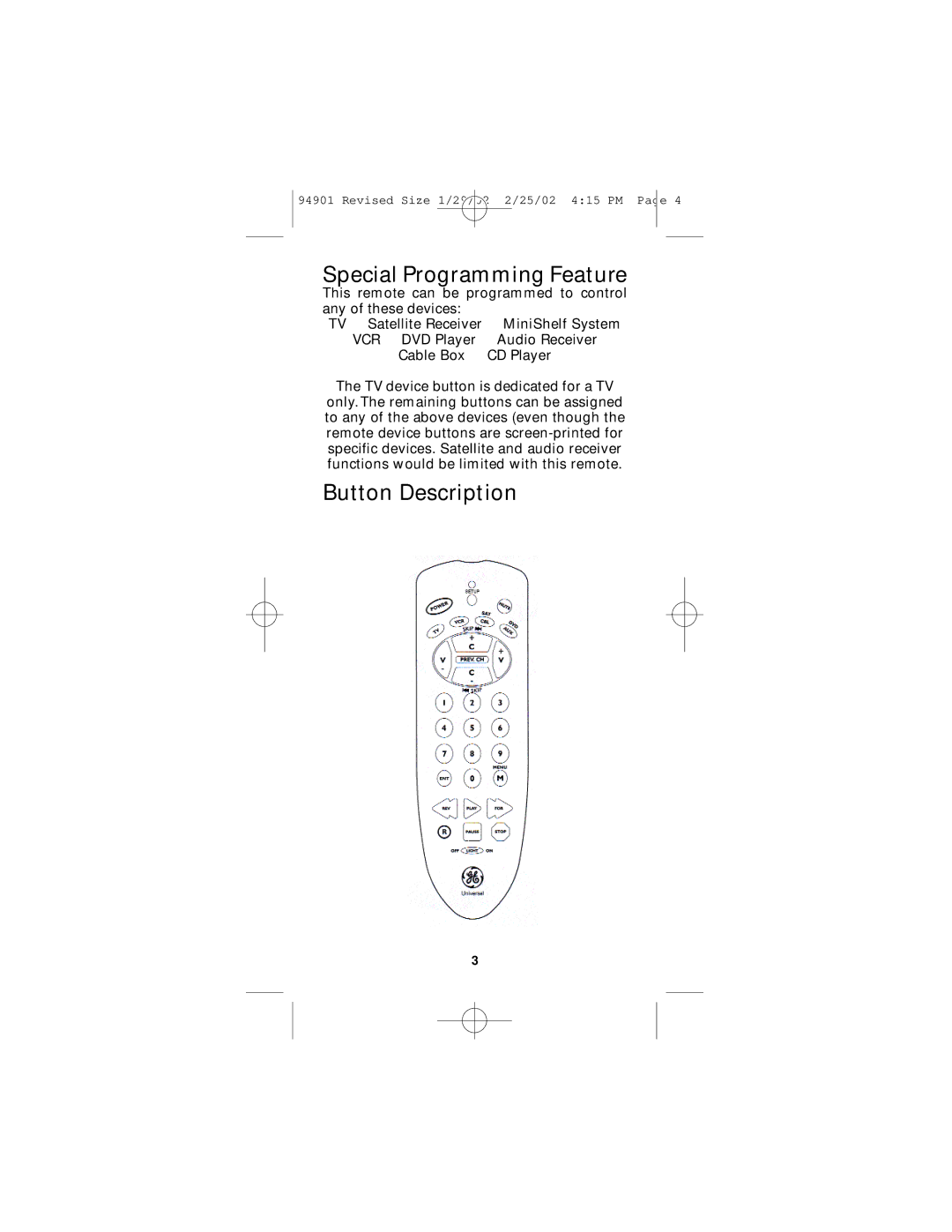 GE RM94901 instruction manual Special Programming Feature 