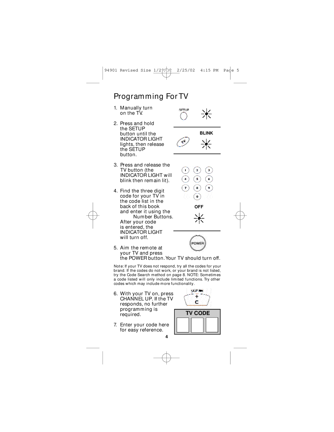 GE RM94901 instruction manual Programming For TV 