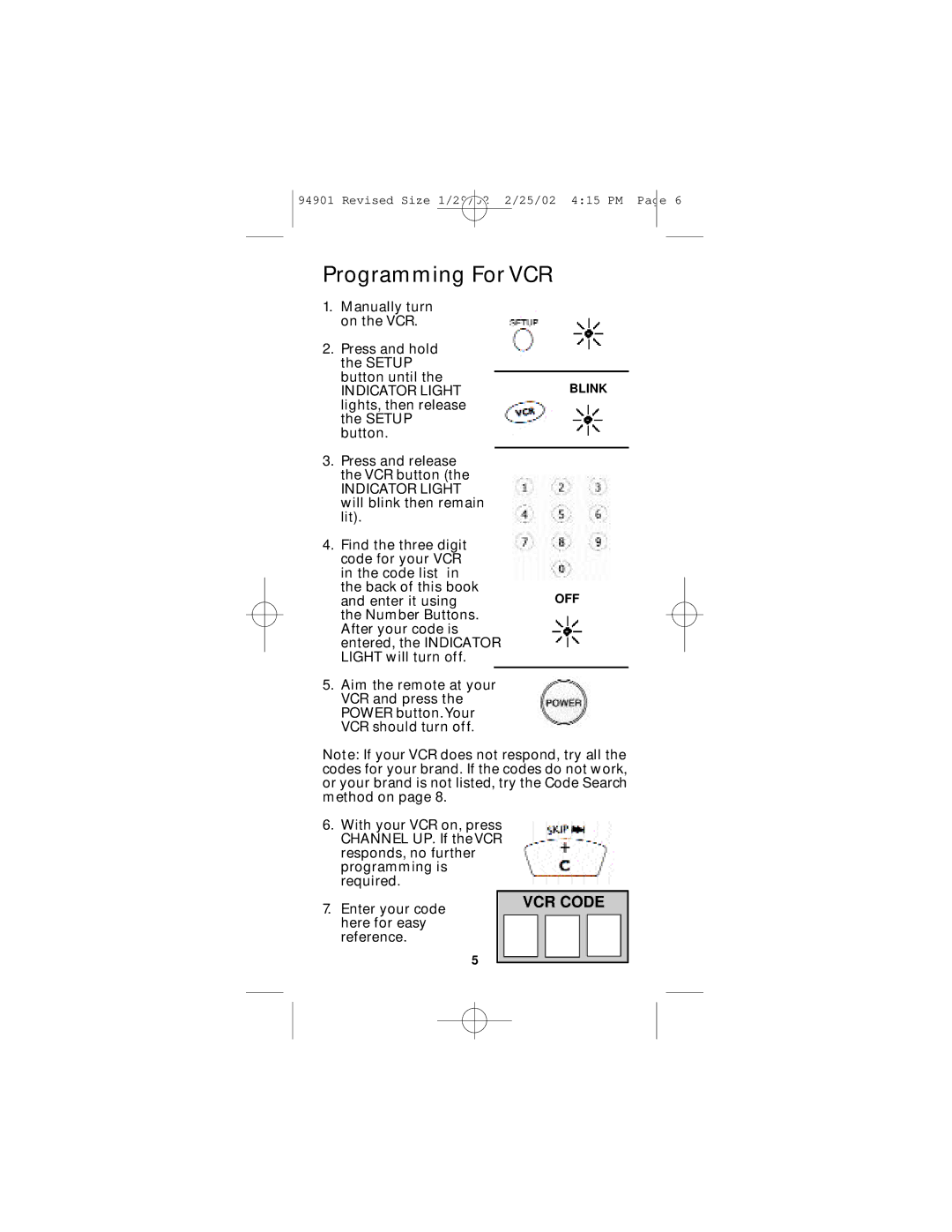 GE RM94901 instruction manual Programming For VCR 