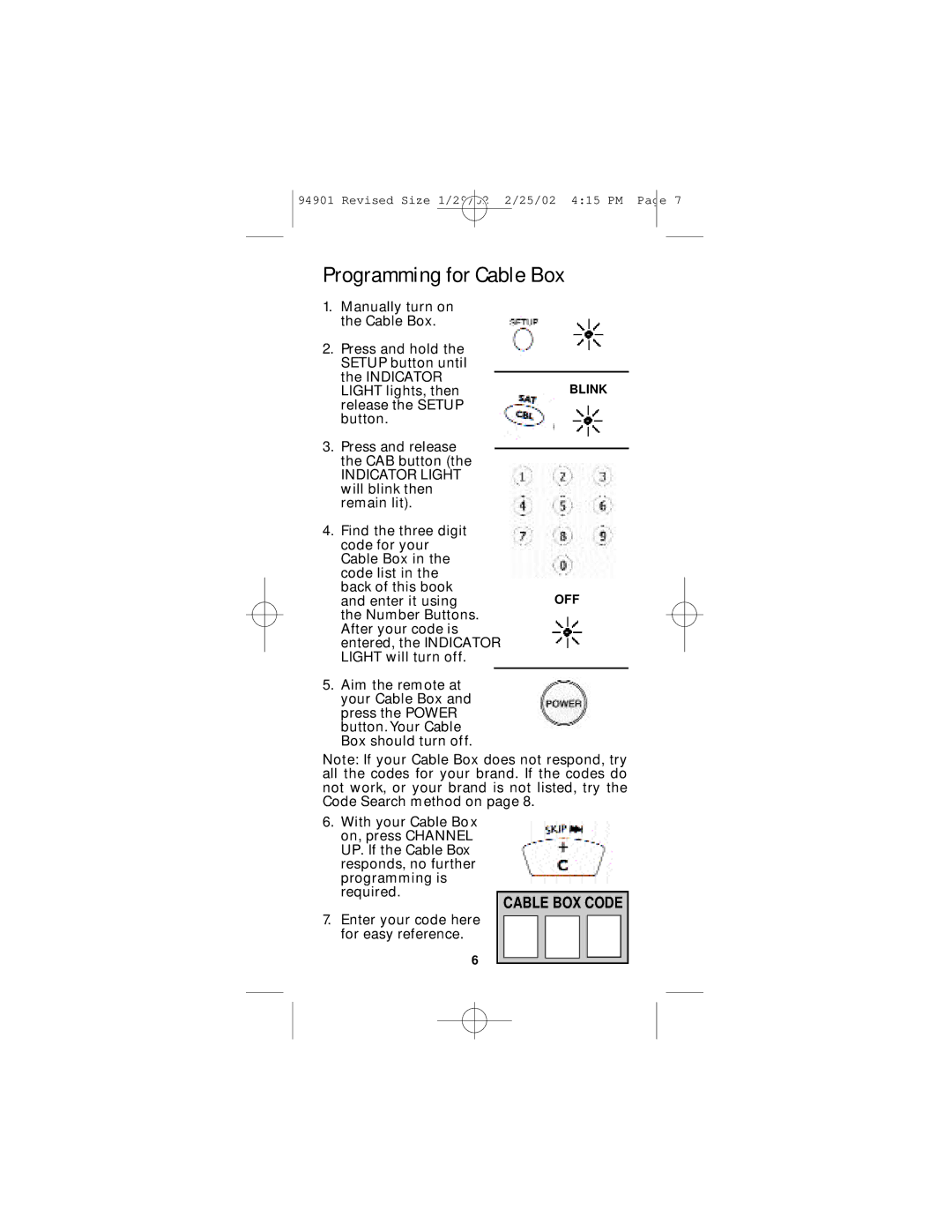 GE RM94901 instruction manual Programming for Cable Box 