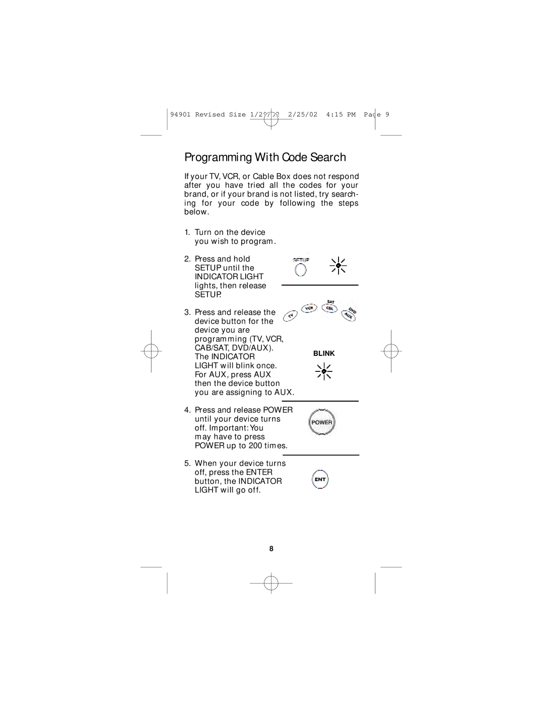 GE RM94901 instruction manual Programming With Code Search, Setup 