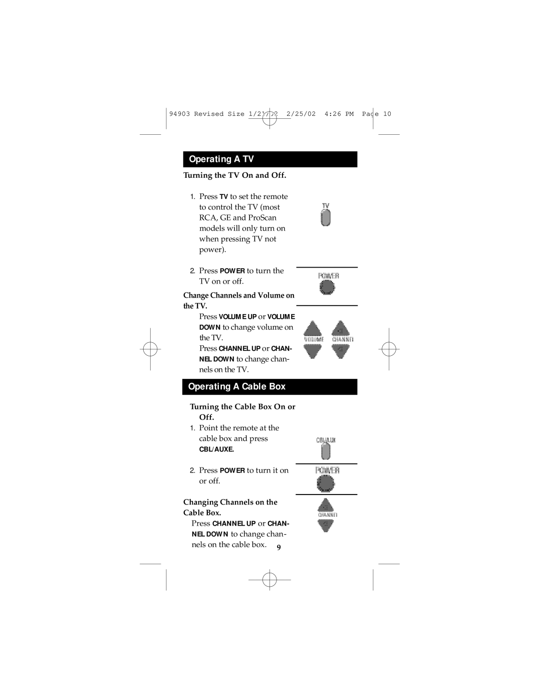 GE RM94903 instruction manual Operating a TV, Operating a Cable Box 