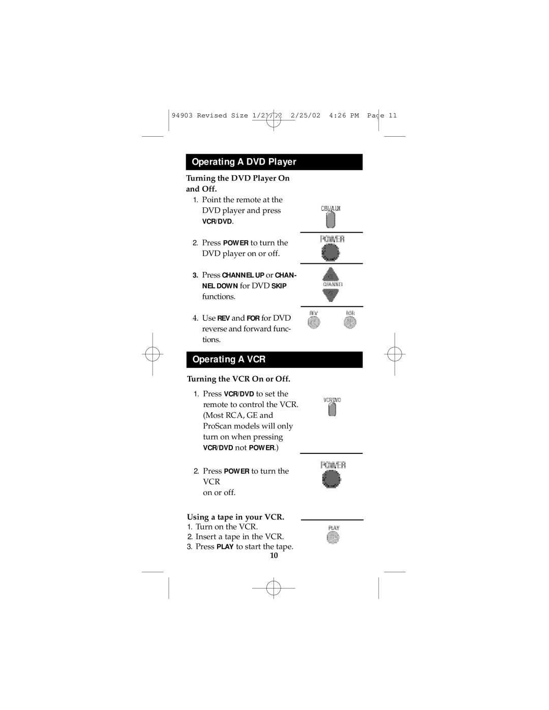 GE RM94903 instruction manual Operating a DVD Player, Operating a VCR 