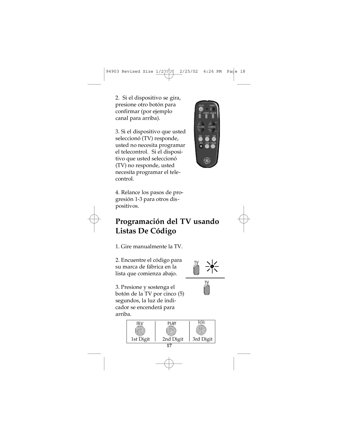 GE RM94903 instruction manual Programación del TV usando Listas De Código 