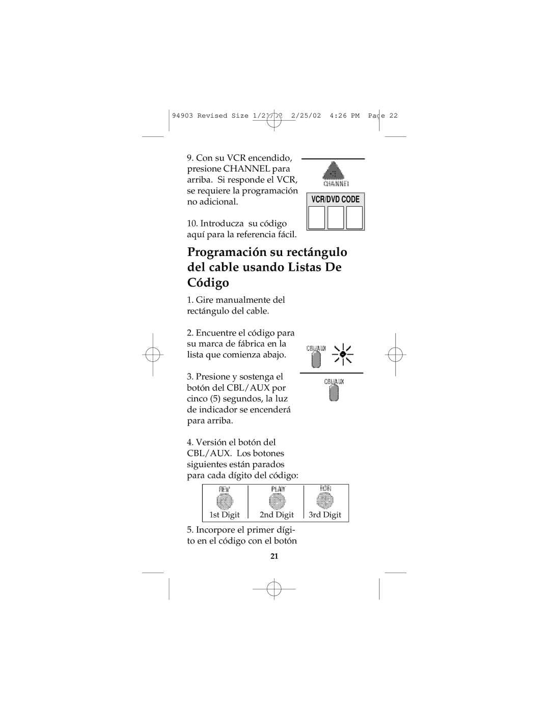 GE RM94903 instruction manual Programación su rectángulo del cable usando Listas De Código 