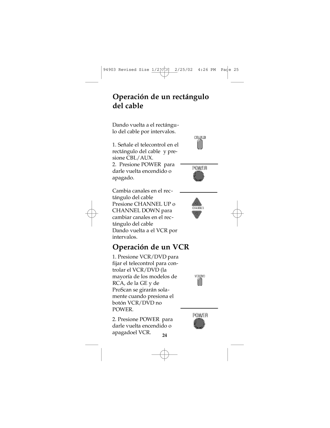 GE RM94903 instruction manual Operación de un rectángulo del cable, Operación de un VCR 