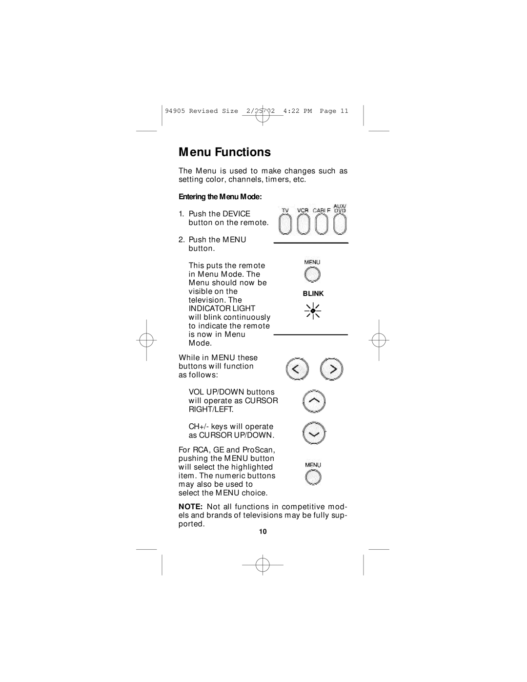 GE RM94905 instruction manual Menu Functions, Entering the Menu Mode 