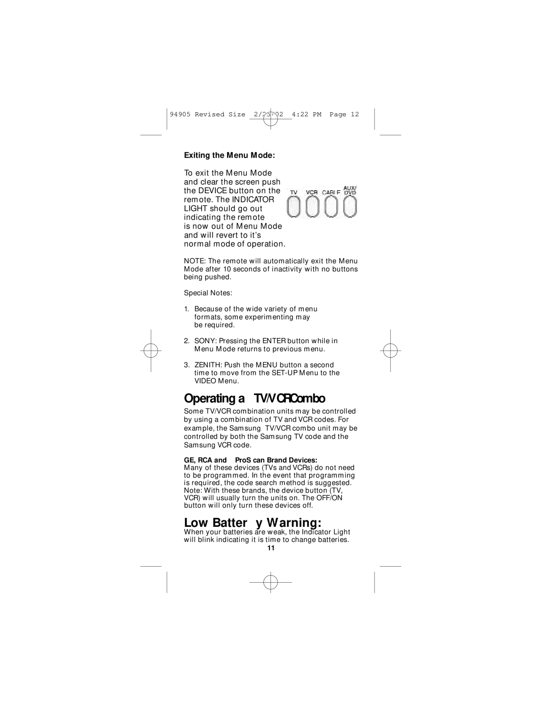 GE RM94905 instruction manual Operating a TV/VCRCombo, Low Batter y Warning 