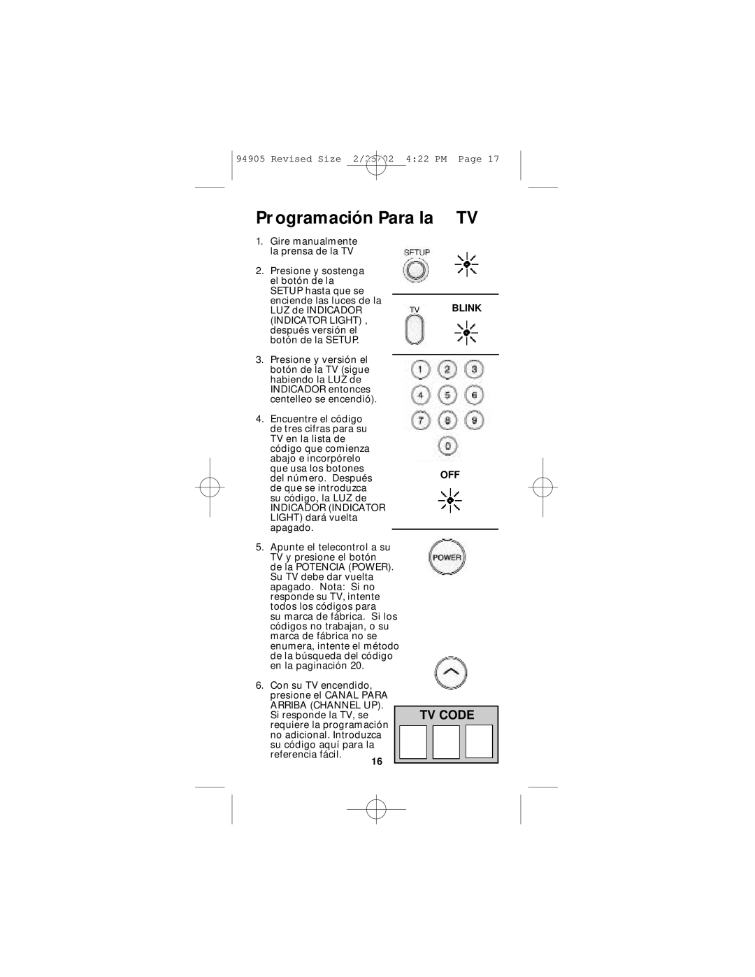 GE RM94905 instruction manual Pr ogramación Para la TV 