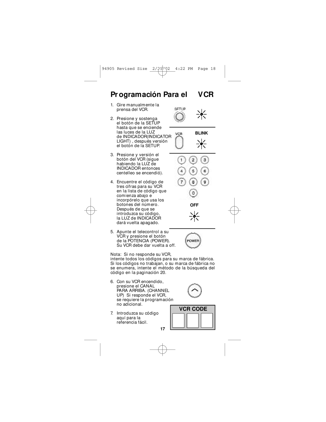 GE RM94905 instruction manual Pr ogramación Para el VCR 