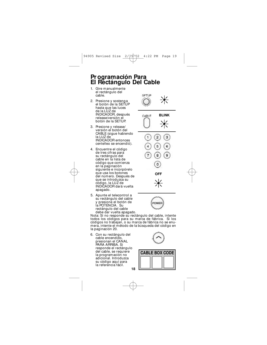 GE RM94905 instruction manual Pr ogramación Para El Rectángulo Del Cable 